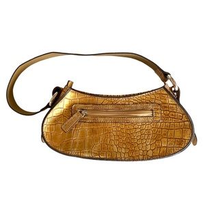 Emilie M Coppery Gold Vegan Faux Leather Simulated Crocodile Baguette Bag